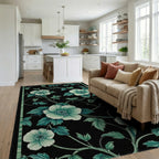 Elegant Black Green Floral Vine Rug - Living Room View