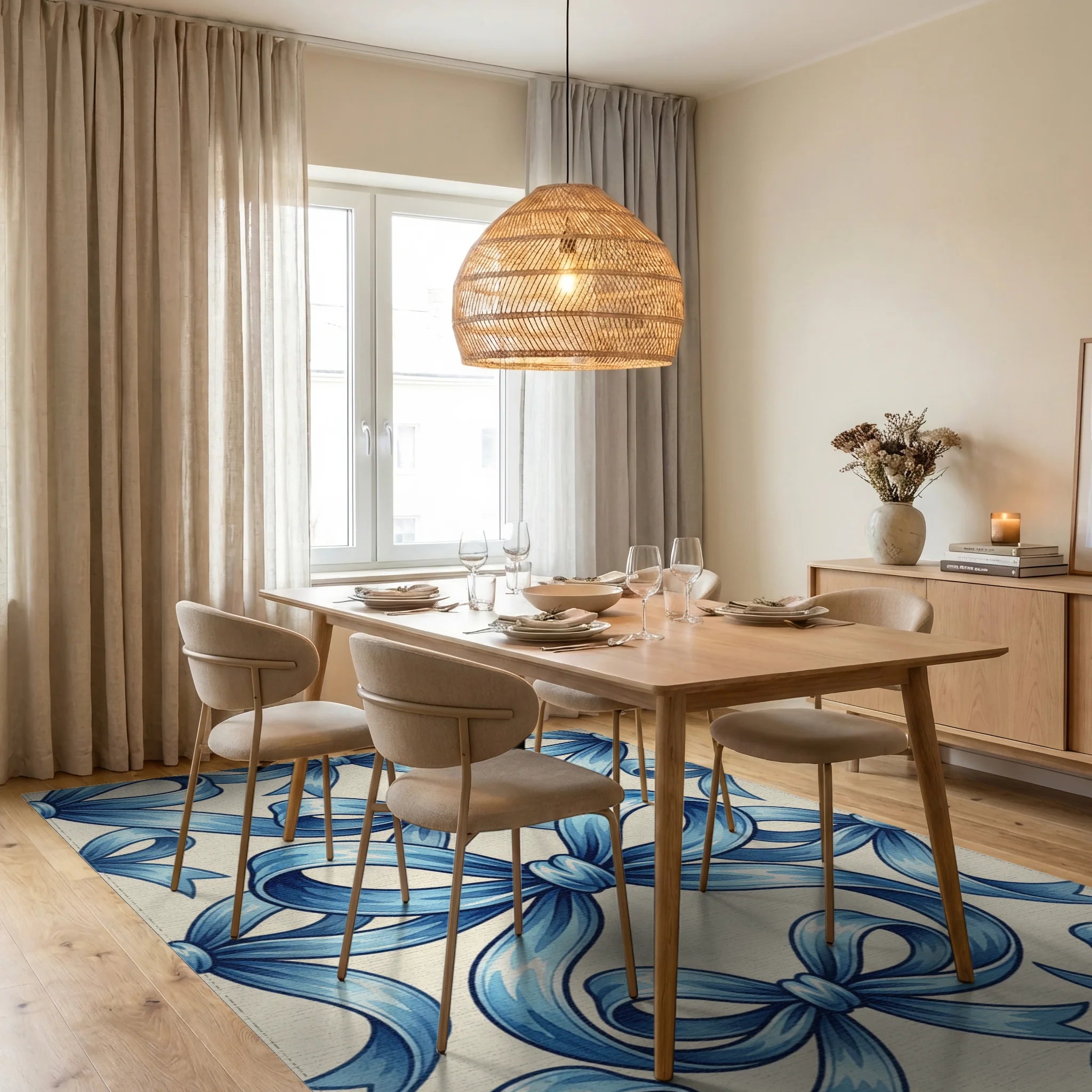Elegant Blue Bow Ribbon Garland Rug Dining Room View