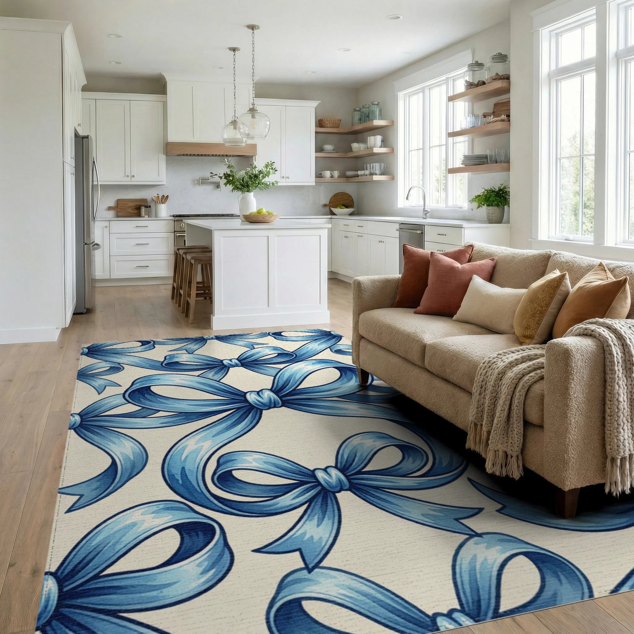 Elegant Blue Bow Ribbon Garland Rug Living Room View