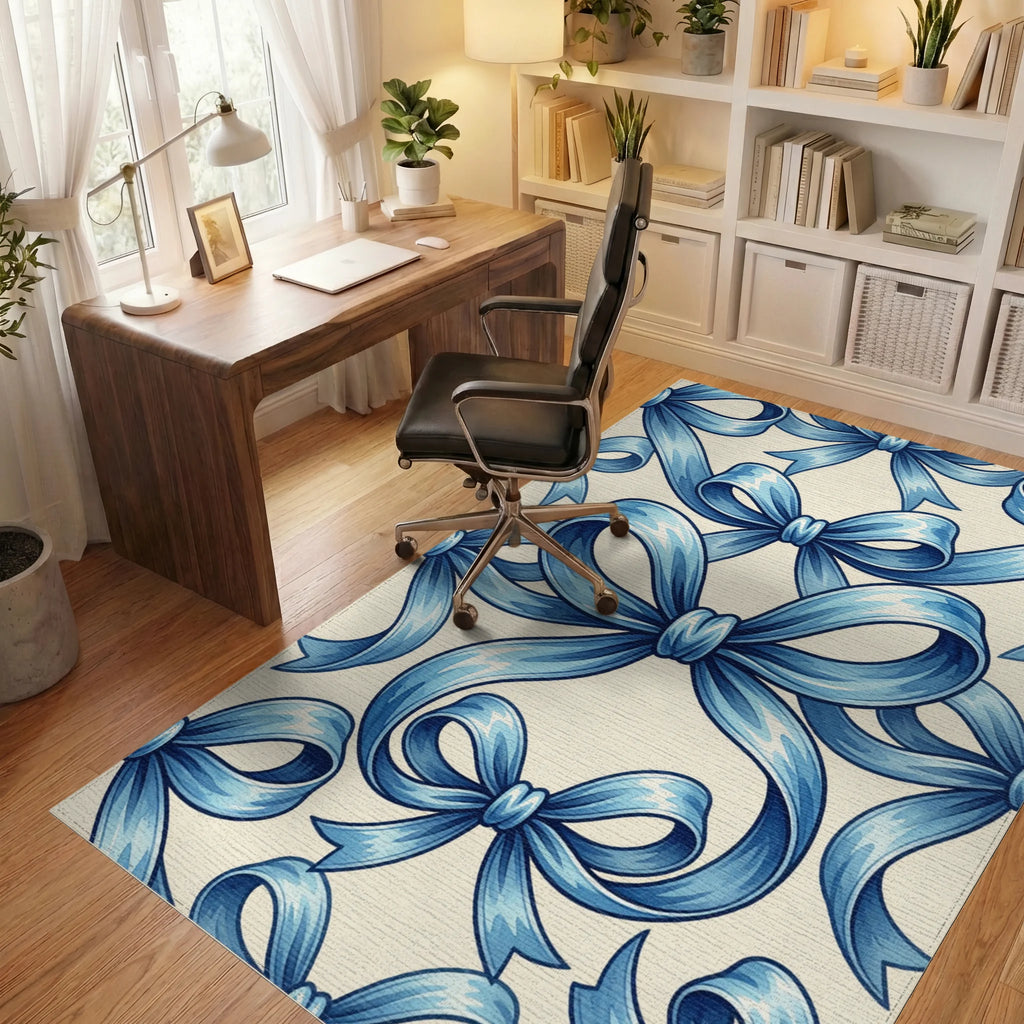 Elegant Blue Bow Ribbon Garland Rug Office View