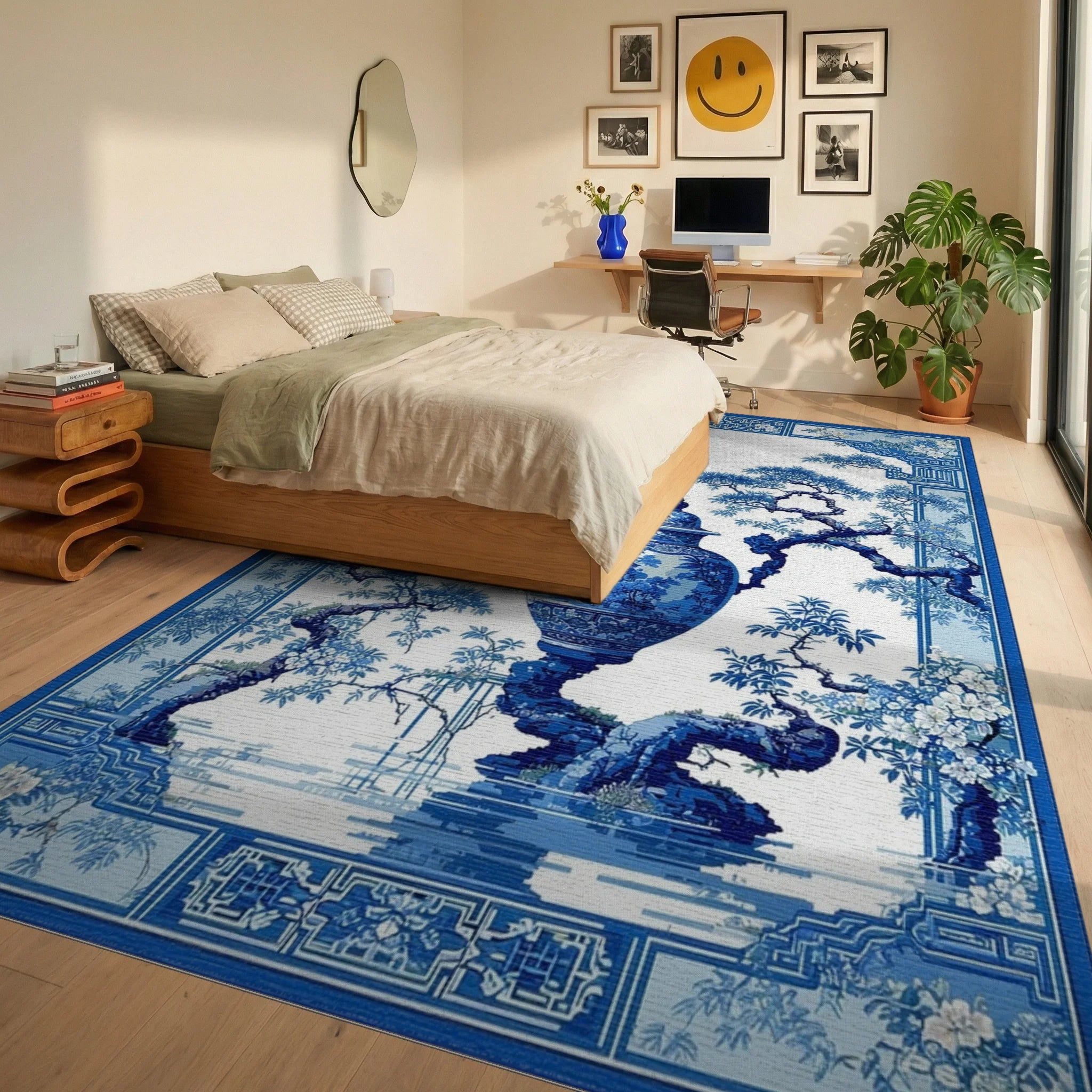 Elegant Blue White Vase Pine Rug - Bedroom View