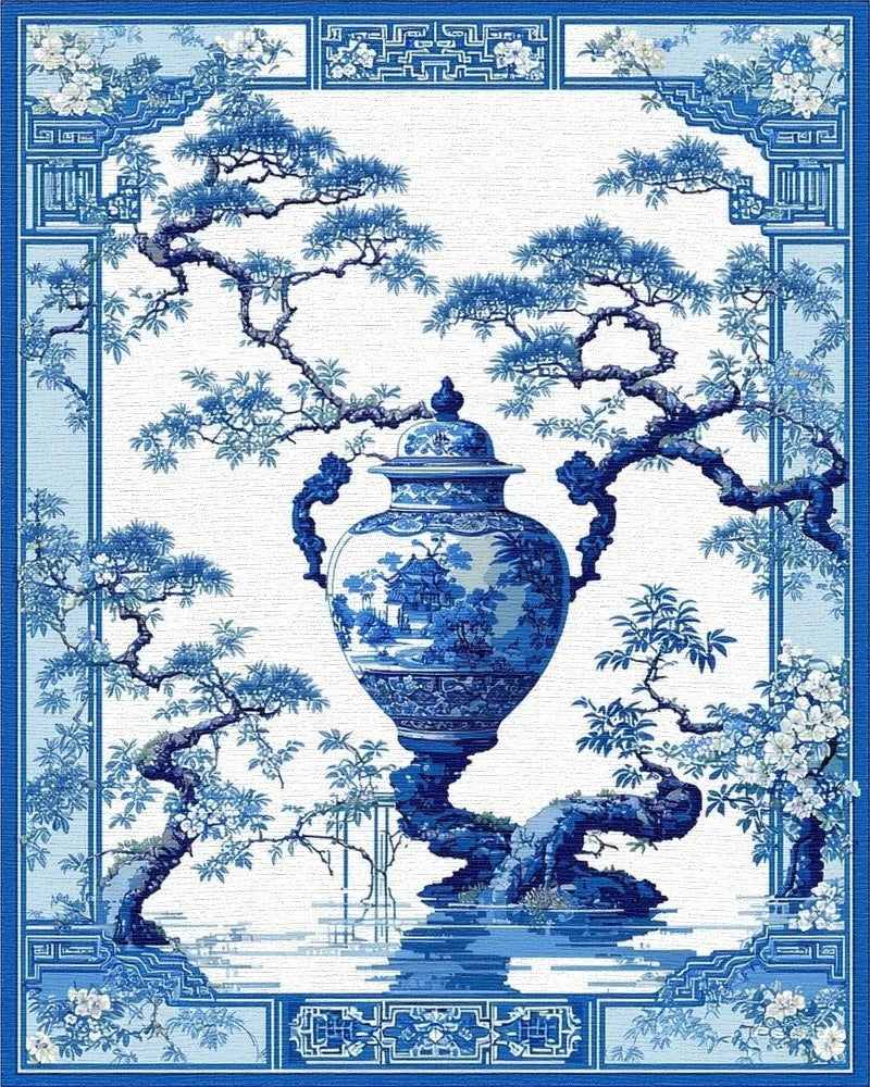 Elegant Blue White Vase Pine Rug - Cutout View