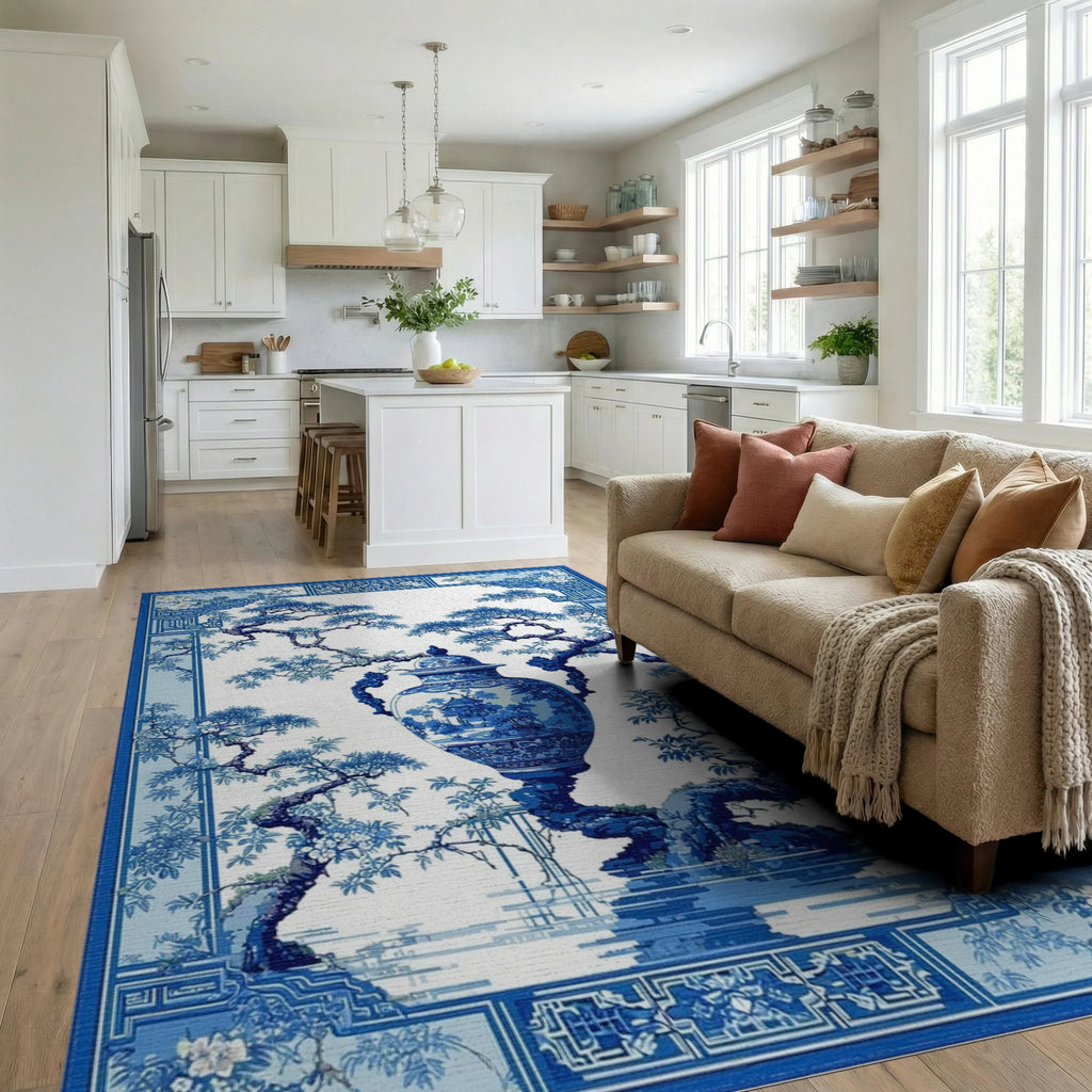 Elegant Blue White Vase Pine Rug - Living Room View
