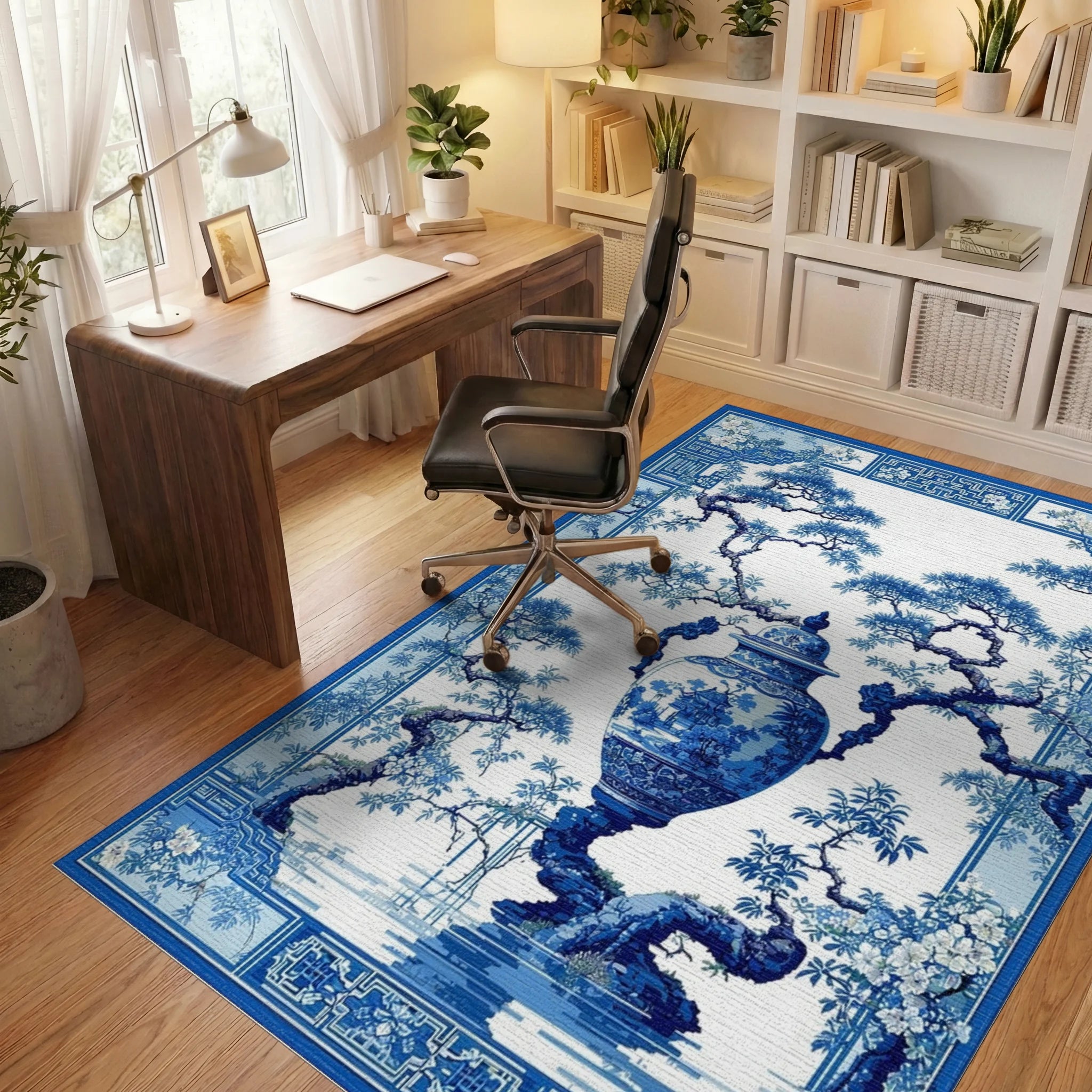 Elegant Blue White Vase Pine Rug - Office View