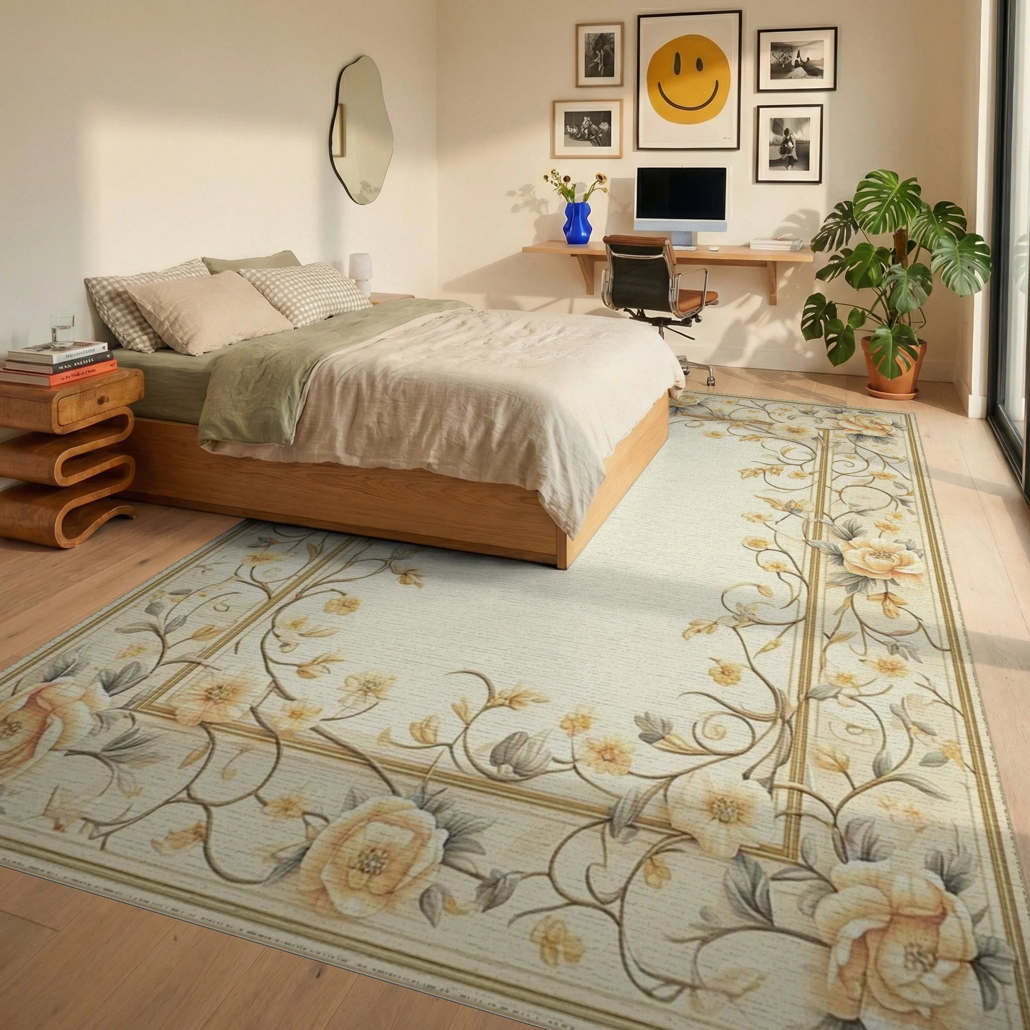Elegant Botanical Floral Vine Design Rug - Bedroom View