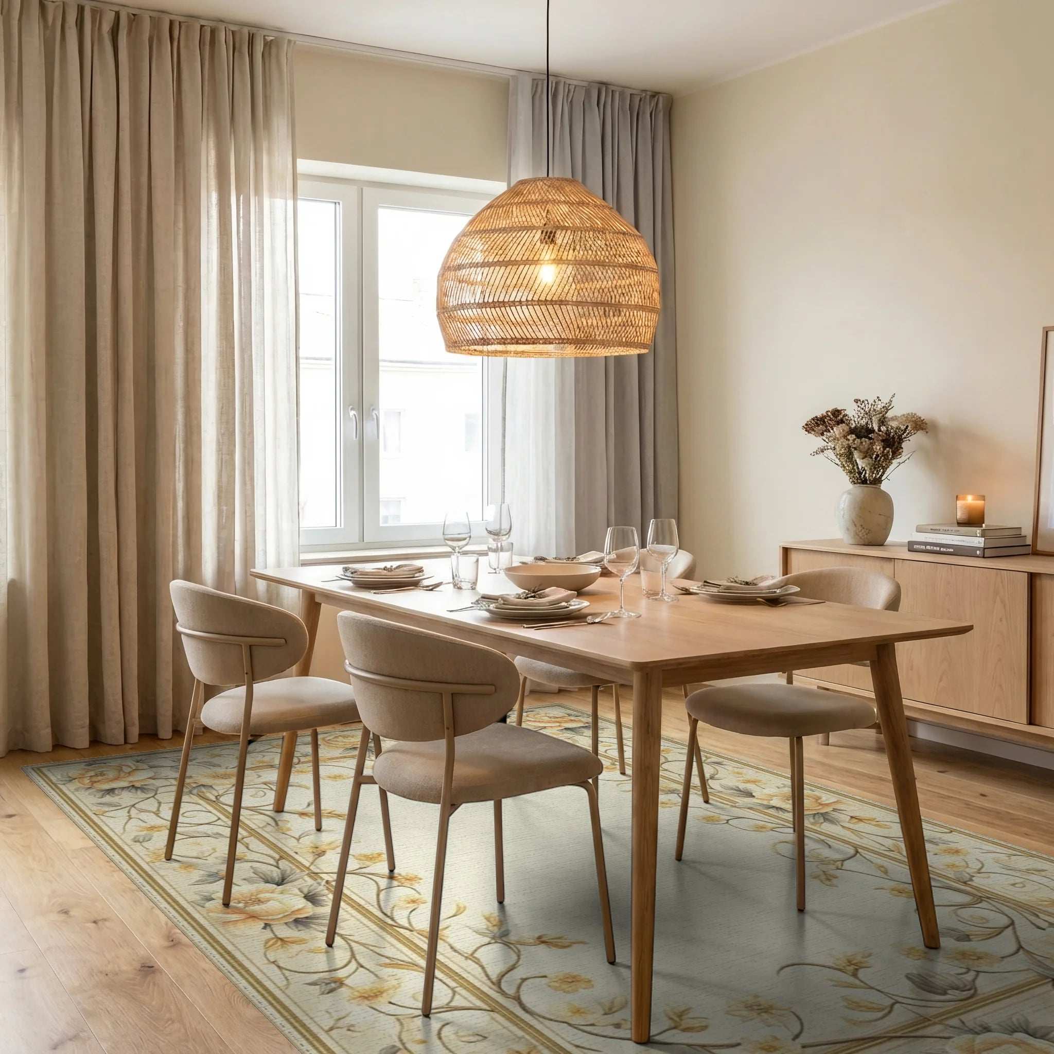 Elegant Botanical Floral Vine Design Rug - Dining Room View