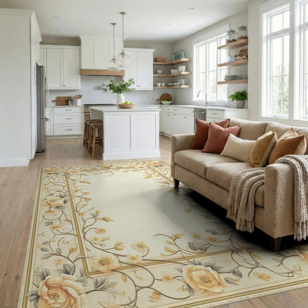 Elegant Botanical Floral Vine Design Rug - Living Room View