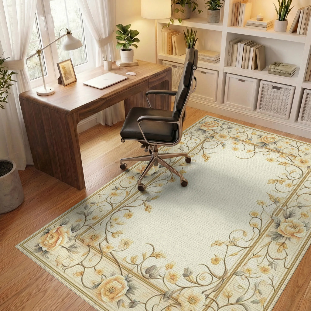Elegant Botanical Floral Vine Design Rug - Office View