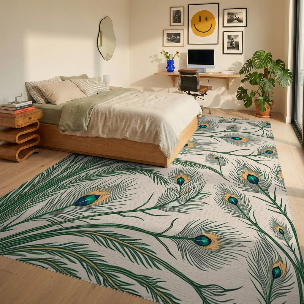 Elegant Emerald Peacock Feather Arrangement Rug - Bedroom View