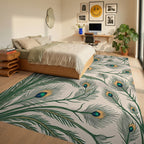 Elegant Emerald Peacock Feather Arrangement Rug - Bedroom View
