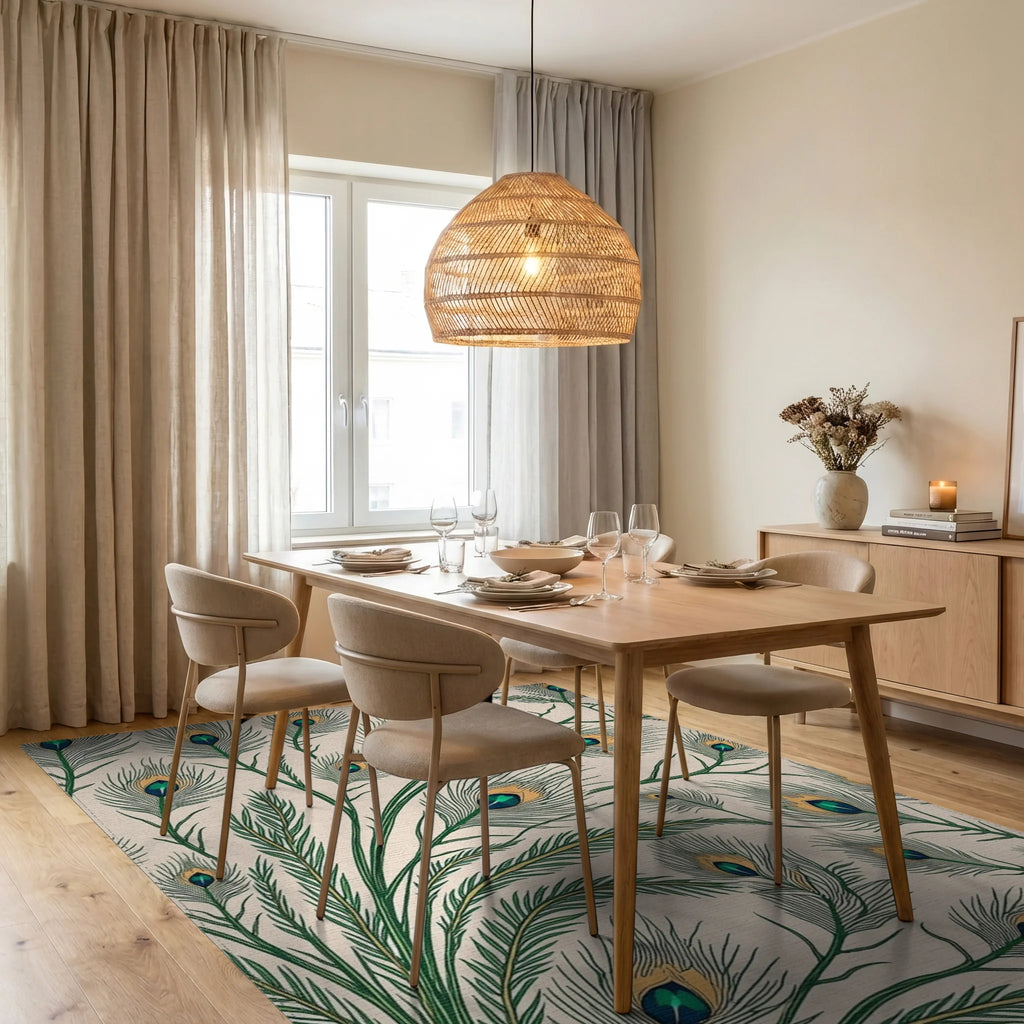 Elegant Emerald Peacock Feather Arrangement Rug - Dining Room View