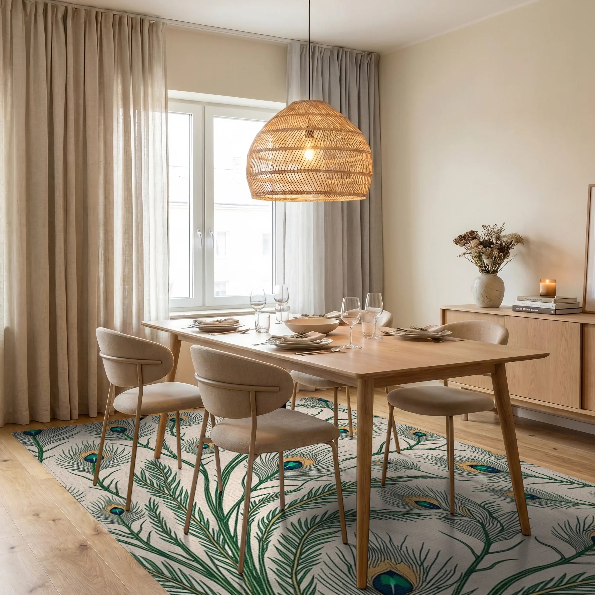 Elegant Emerald Peacock Feather Arrangement Rug - Dining Room View