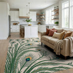 Elegant Emerald Peacock Feather Arrangement Rug - Living Room View