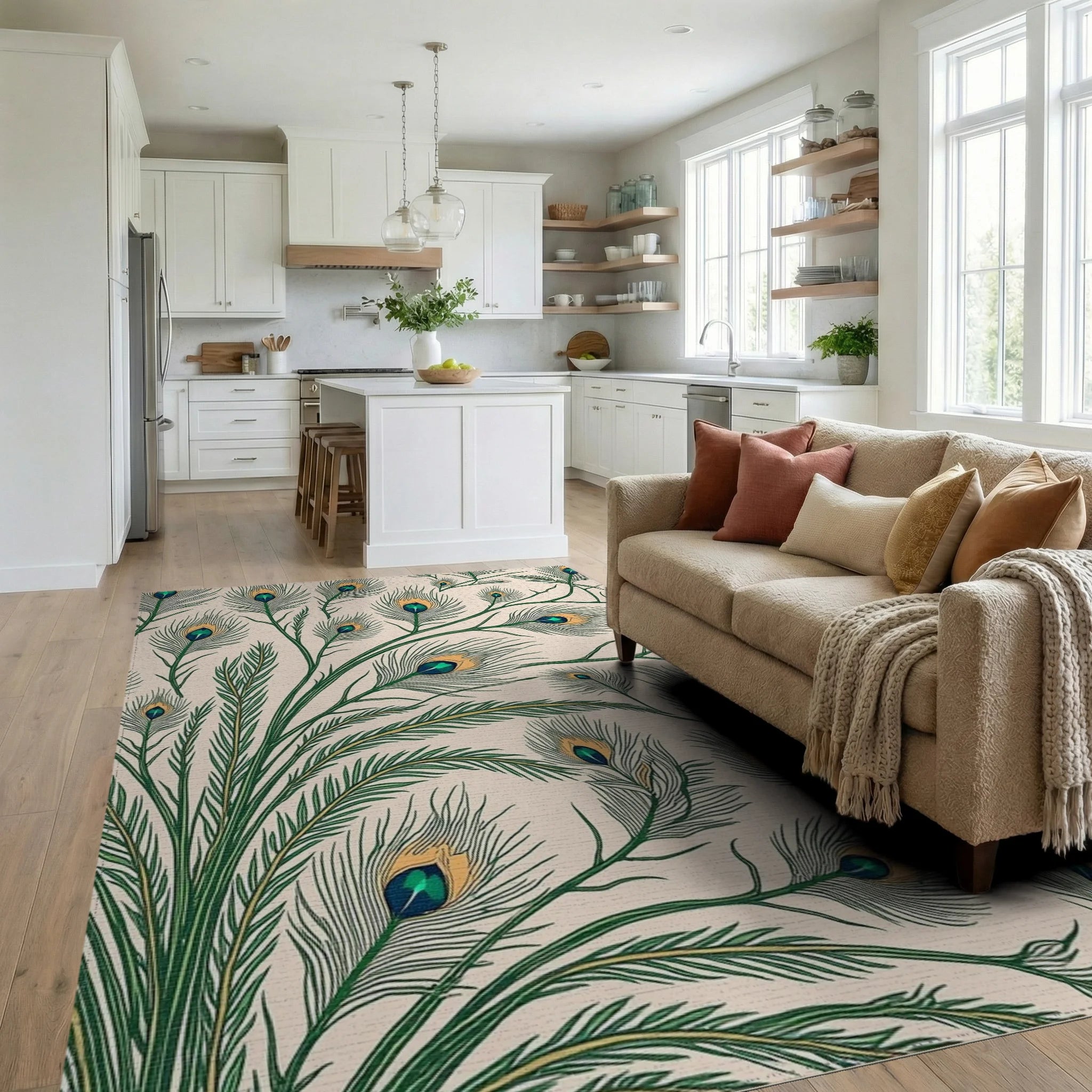 Elegant Emerald Peacock Feather Arrangement Rug - Living Room View