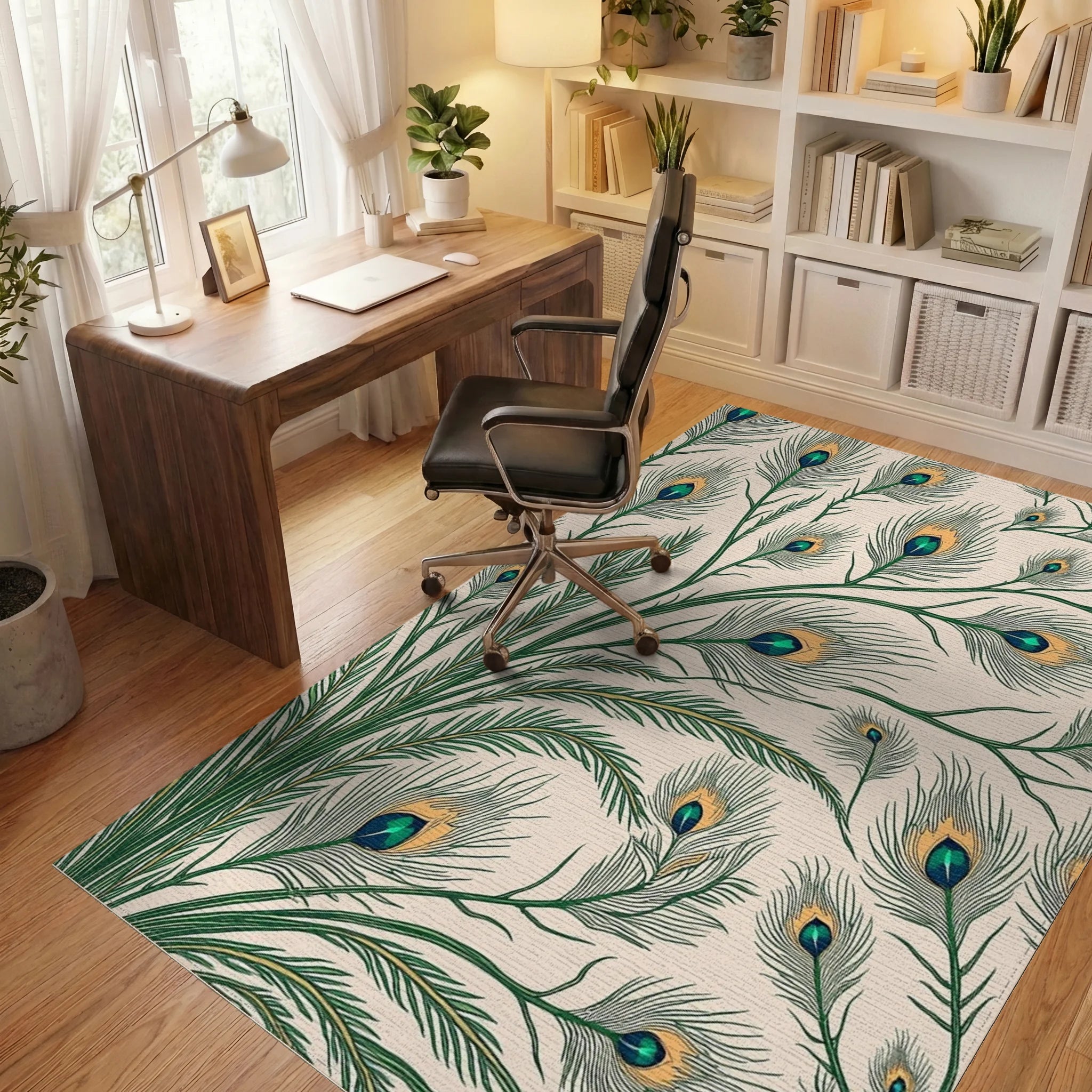 Elegant Emerald Peacock Feather Arrangement Rug - Office View