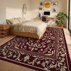 Elegant Floral Bordered Burgundy Design Rug Bedroom View
