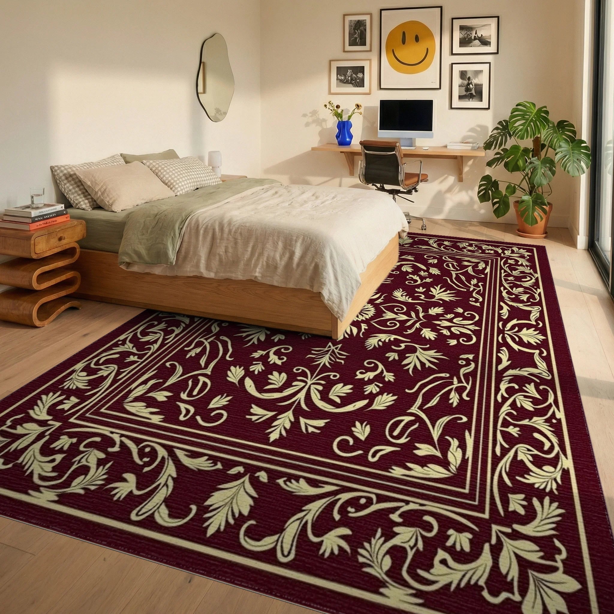 Elegant Floral Bordered Burgundy Design Rug Bedroom View