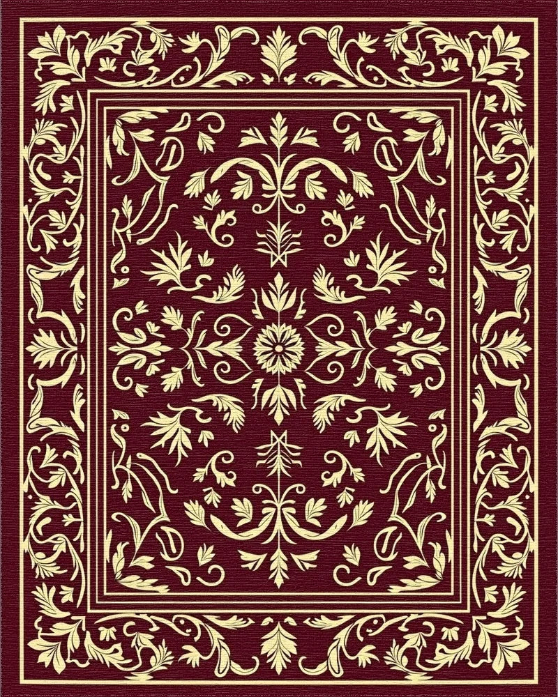 Elegant Floral Bordered Burgundy Design Rug - Cutout View