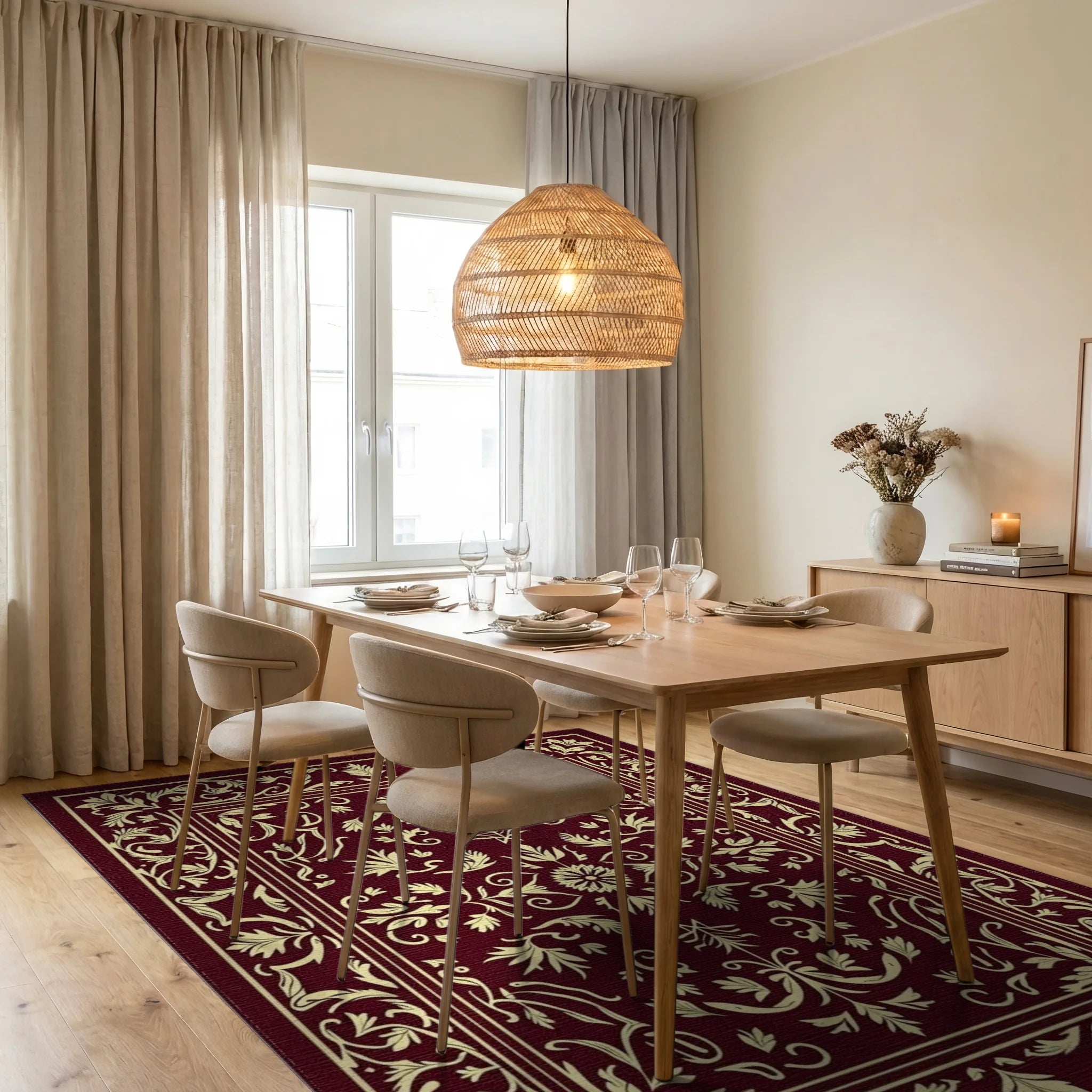 Elegant Floral Bordered Burgundy Design Rug Dining Room View