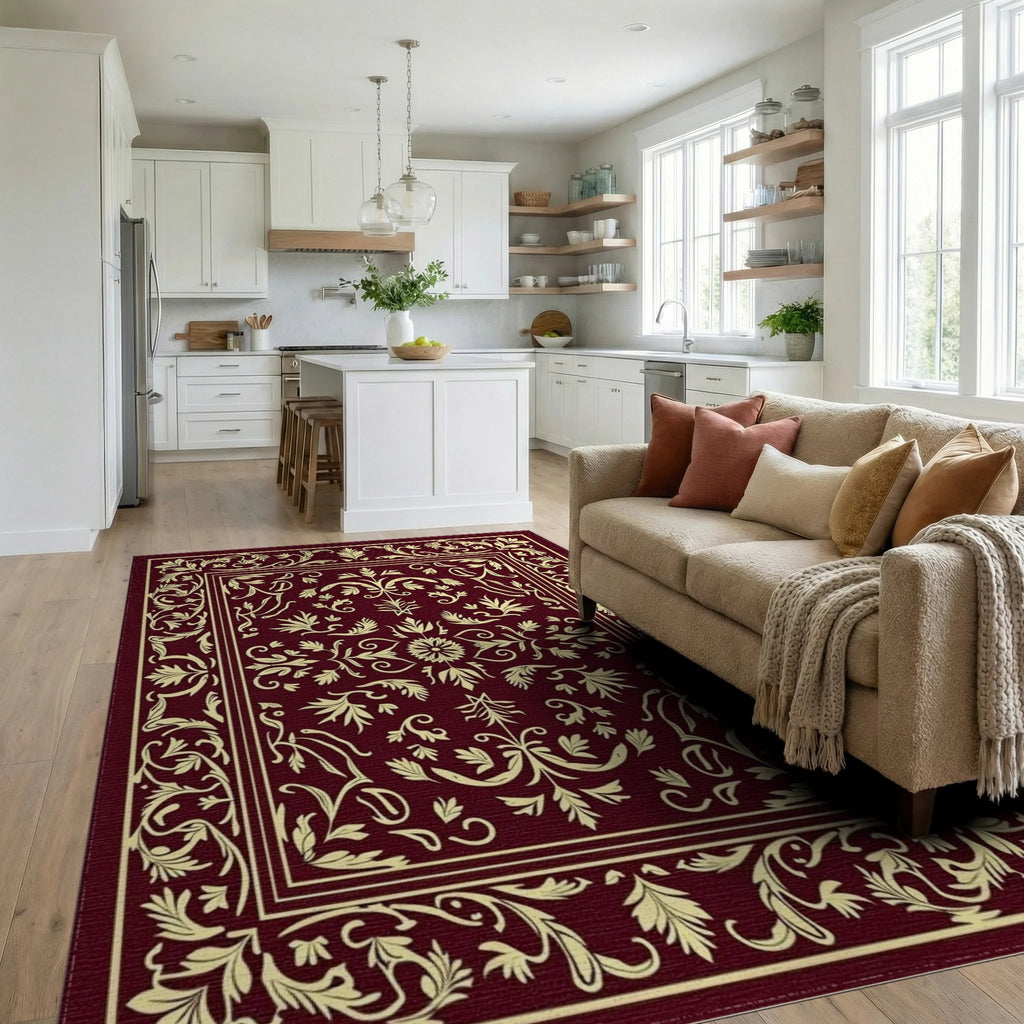 Elegant Floral Bordered Burgundy Design Rug Living Room View