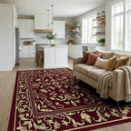 Elegant Floral Bordered Burgundy Design Rug Living Room View