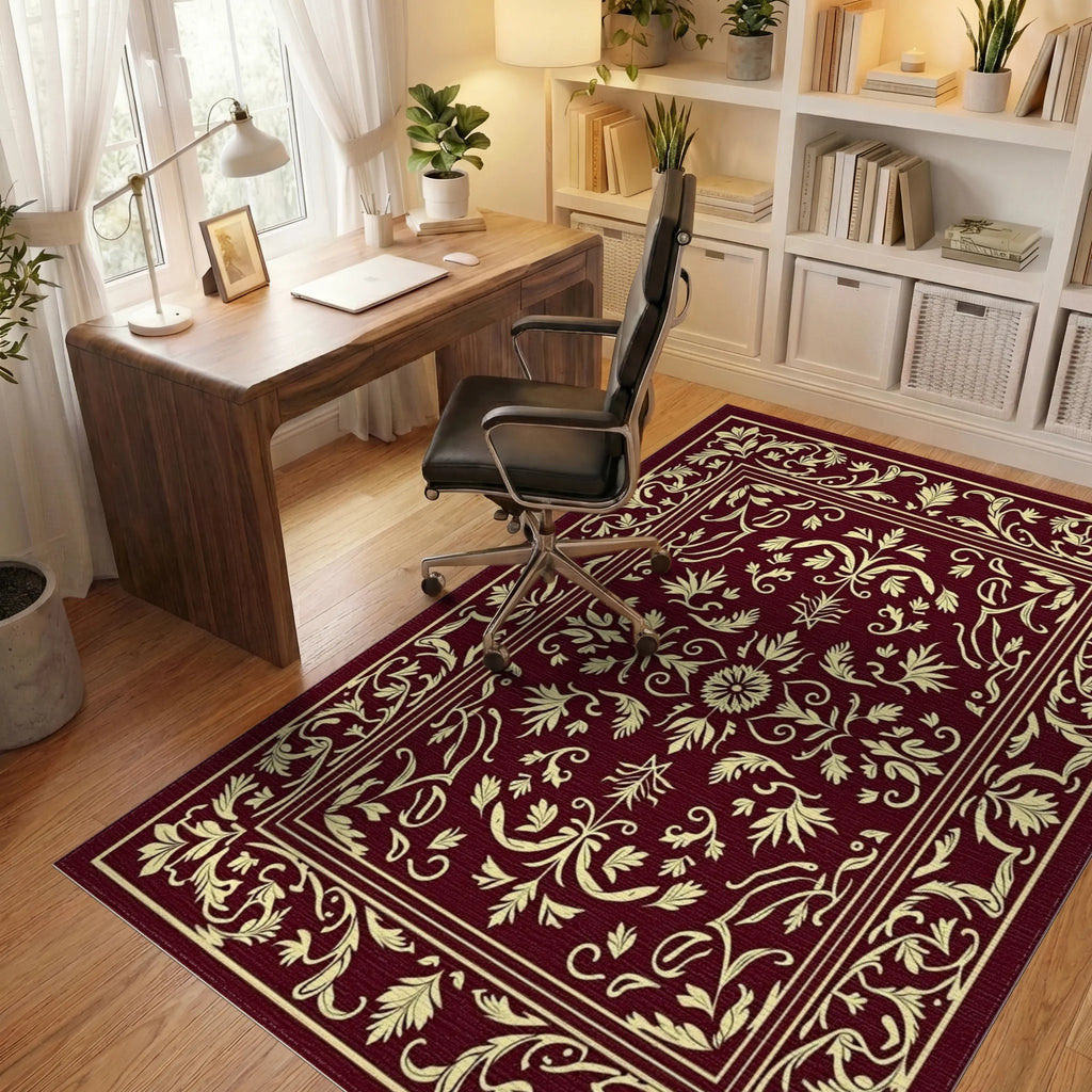 Elegant Floral Bordered Burgundy Design Rug Office View