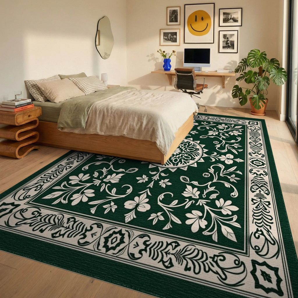 Elegant Floral Medallion Border Design Rug Bedroom View