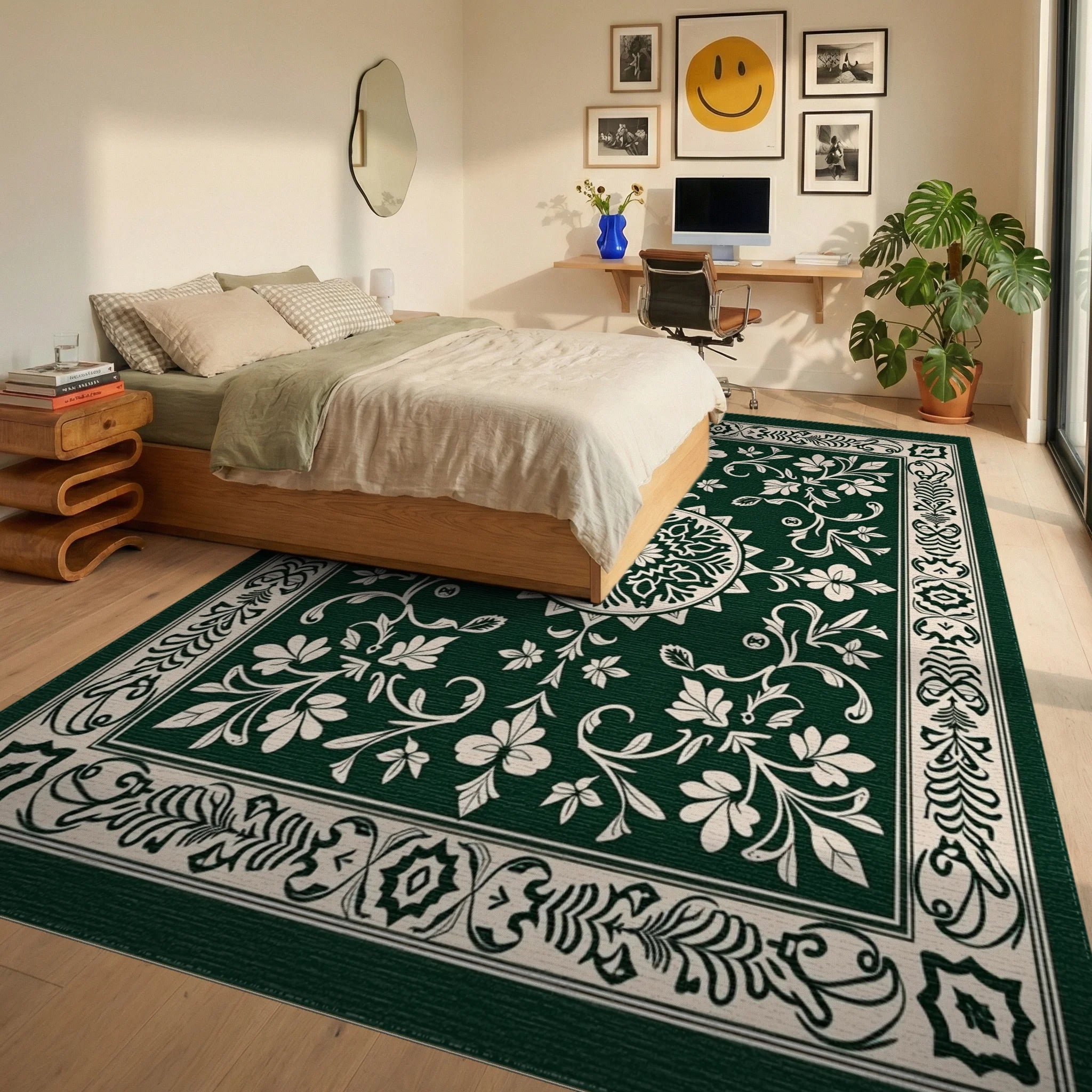Elegant Floral Medallion Border Design Rug Bedroom View