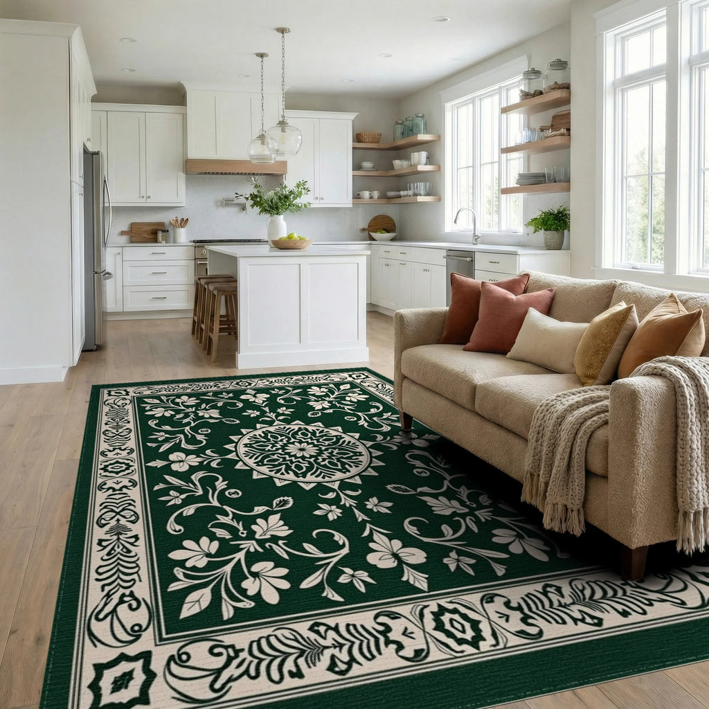 Elegant Floral Medallion Border Design Rug Living Room View
