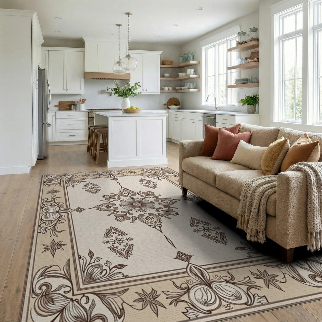 Elegant Floral Medallion Border Design Rug Living Room View