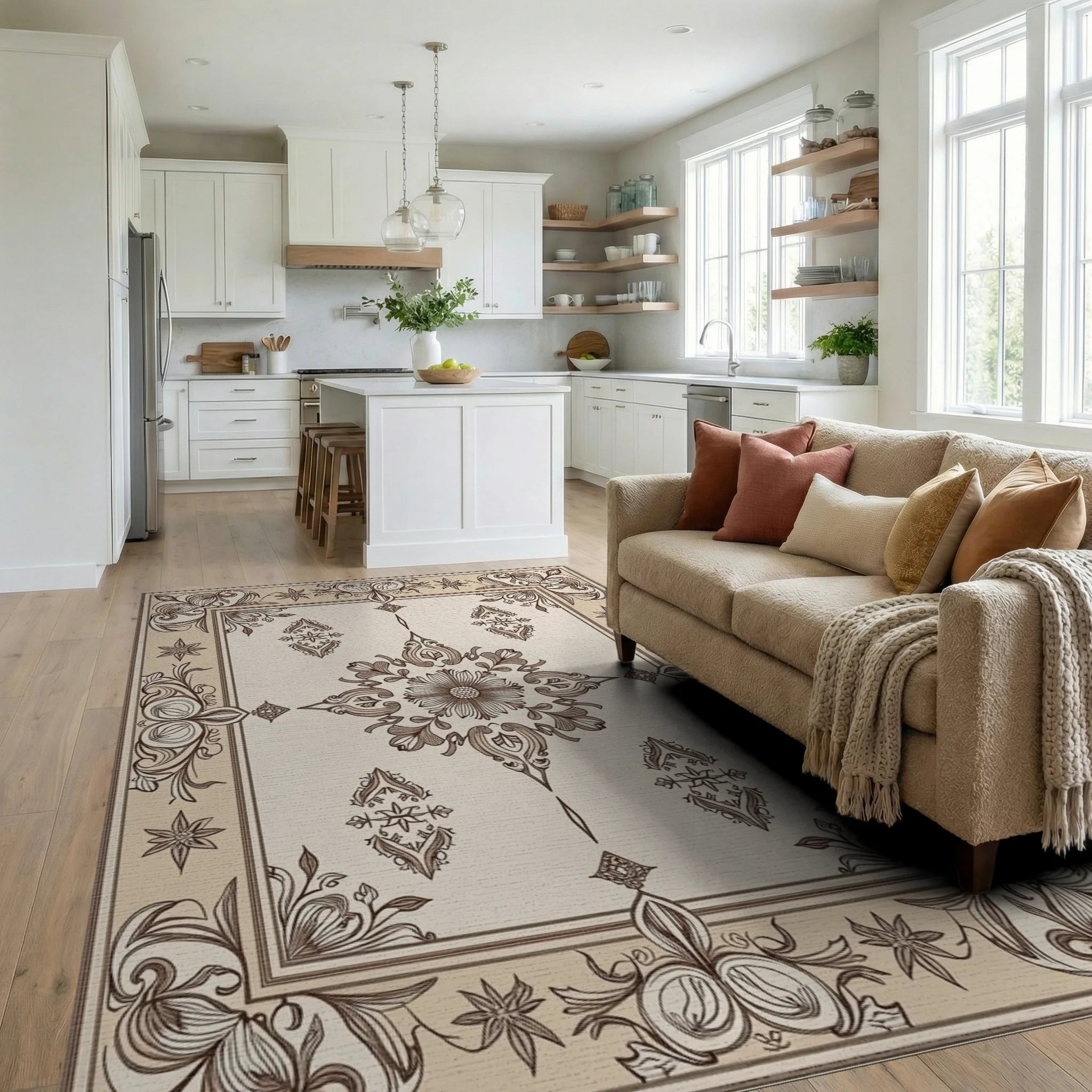 Elegant Floral Medallion Border Design Rug Living Room View