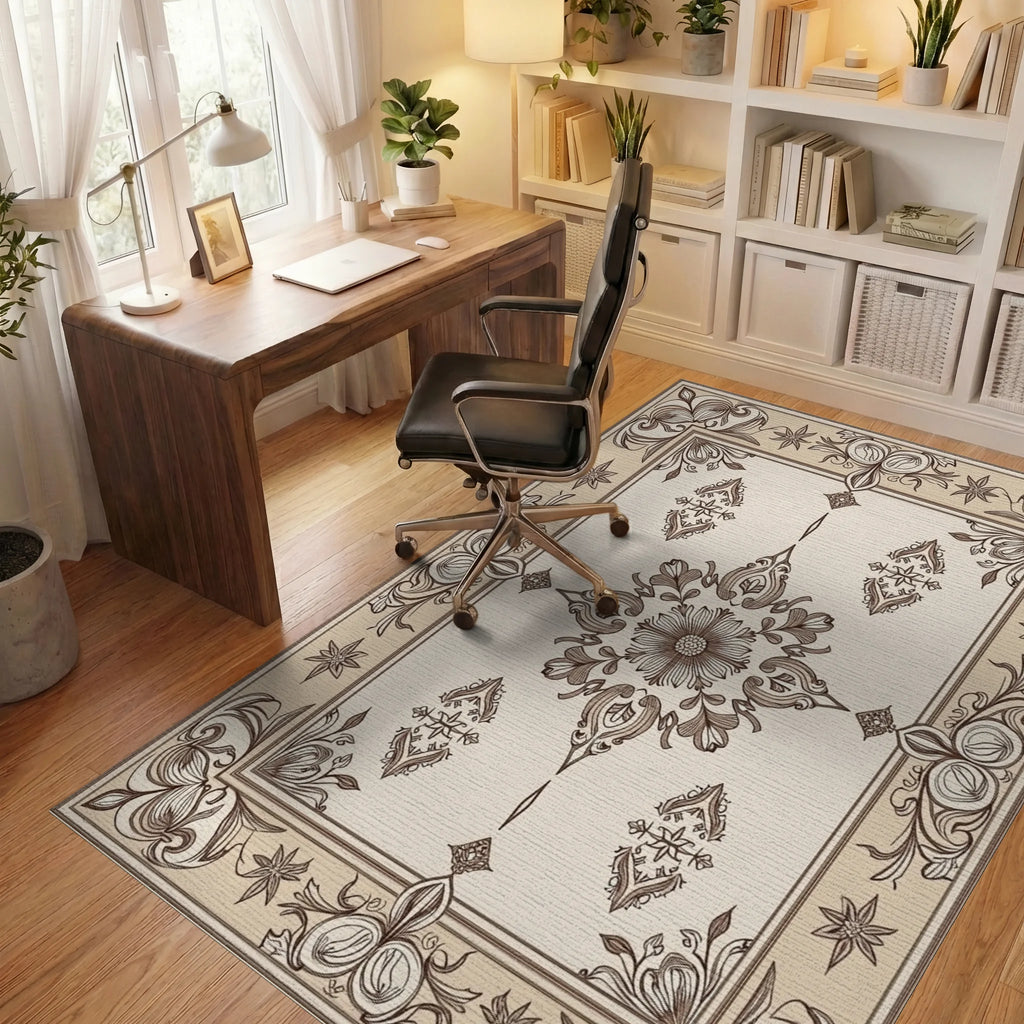 Elegant Floral Medallion Border Design Rug Office View