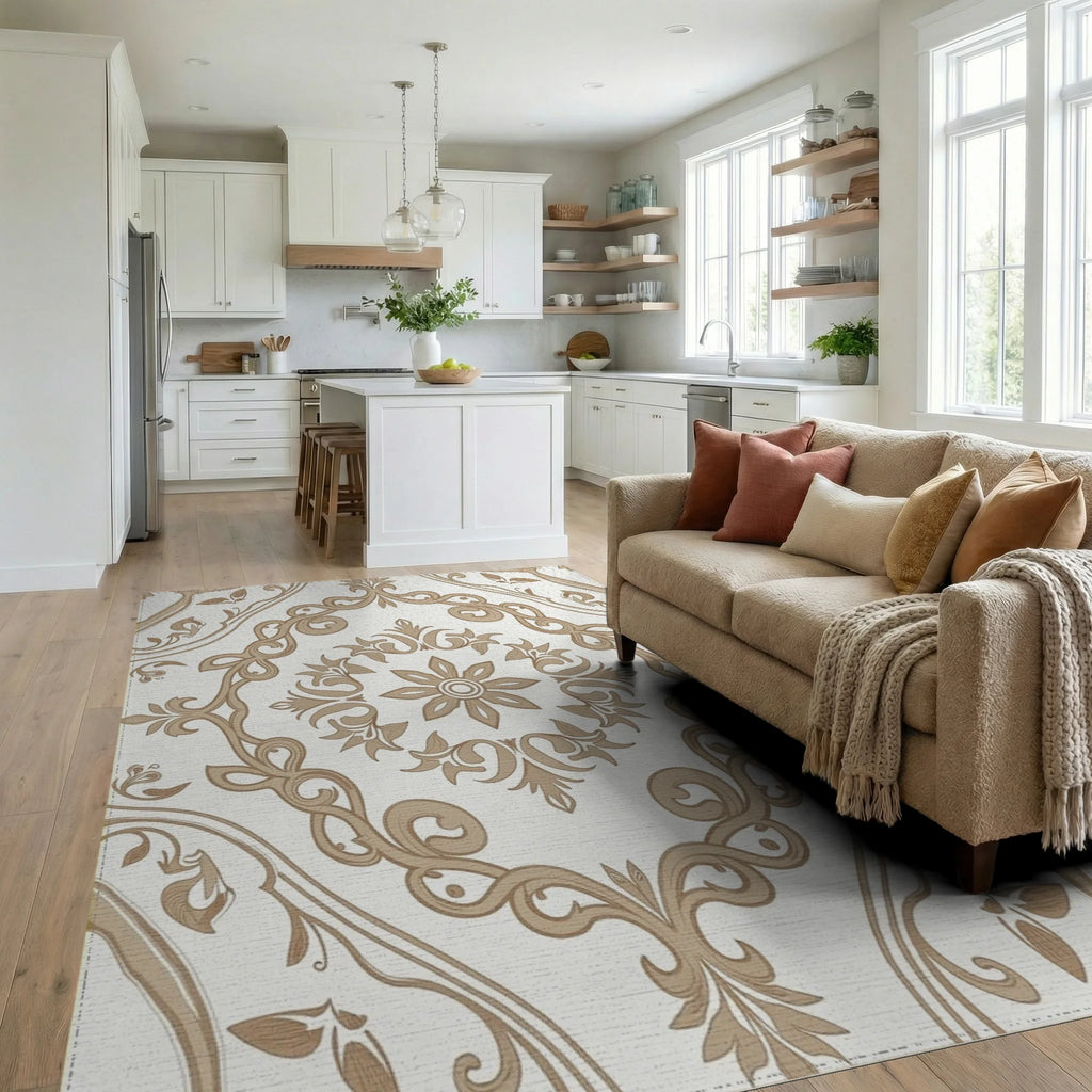 Elegant Floral Scrollwork Brown Tan Pattern Rug - Living Room View