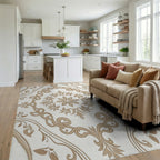 Elegant Floral Scrollwork Brown Tan Pattern Rug - Living Room View