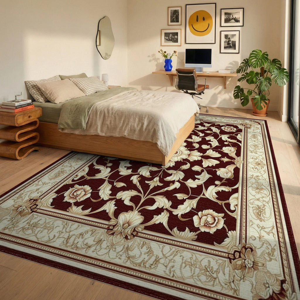 Elegant Floral Scrollwork Damask Pattern Rug - Bedroom View