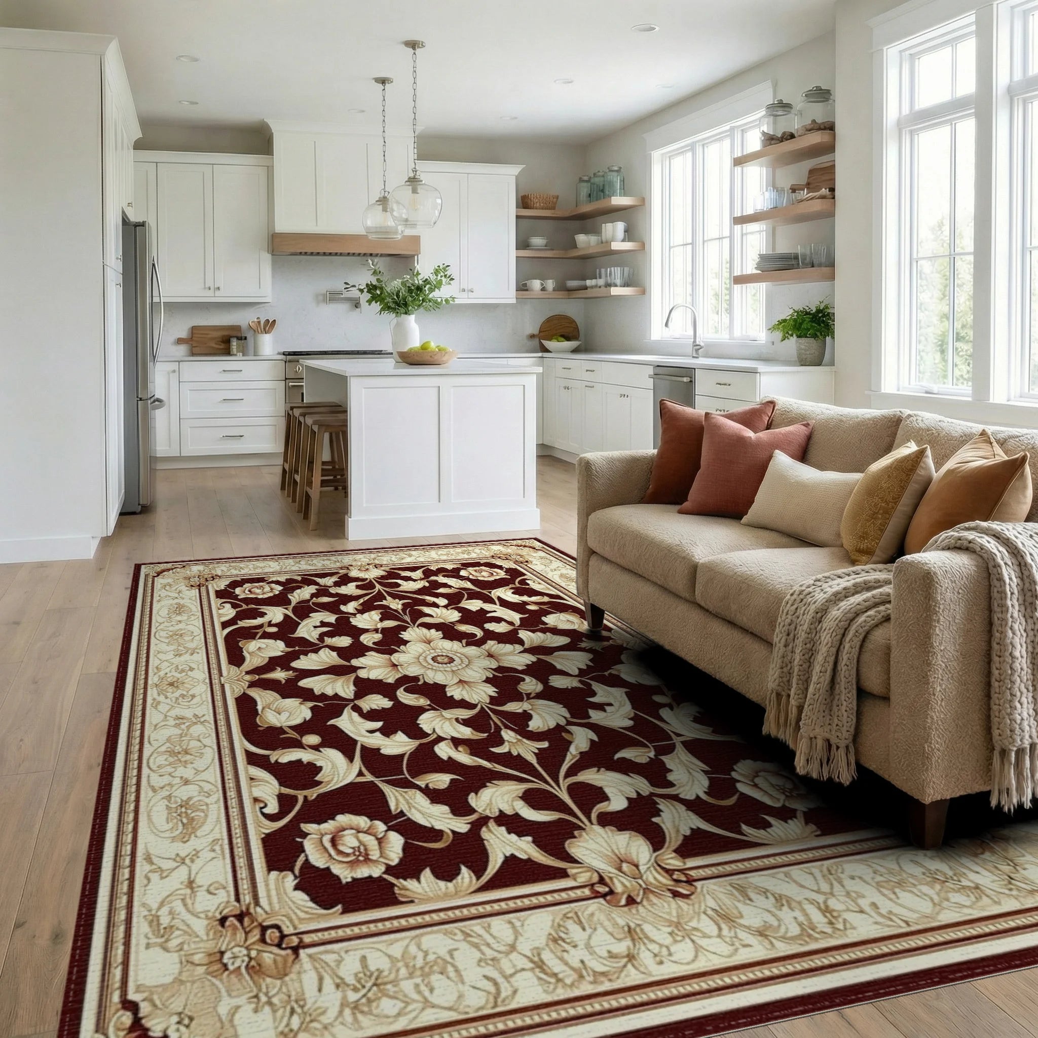 Elegant Floral Scrollwork Damask Pattern Rug - Living Room View