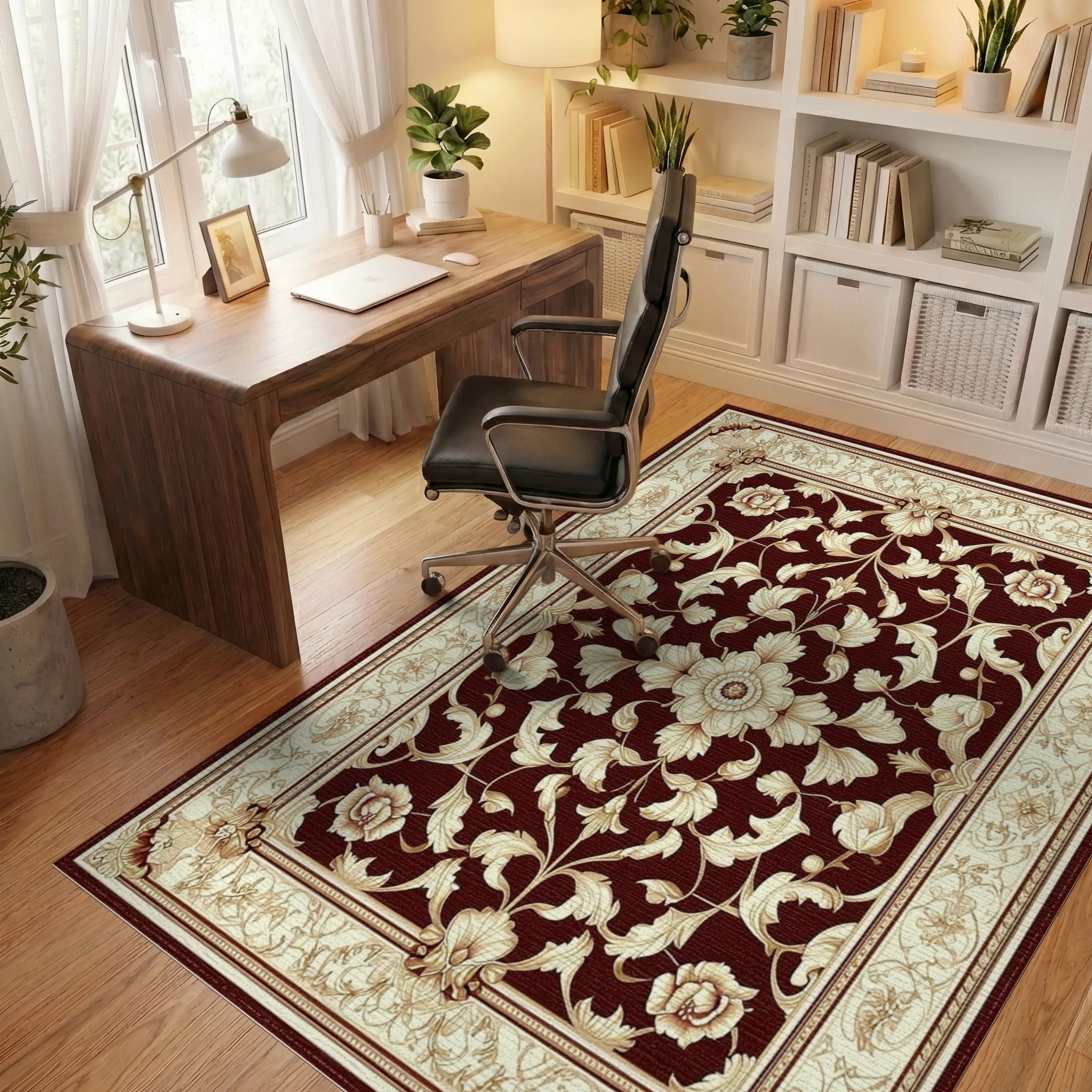 Elegant Floral Scrollwork Damask Pattern Rug - Office View