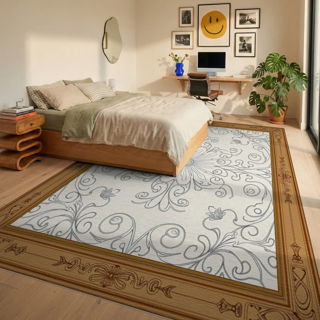 Elegant Floral Scrollwork Medallion Rug - Bedroom View