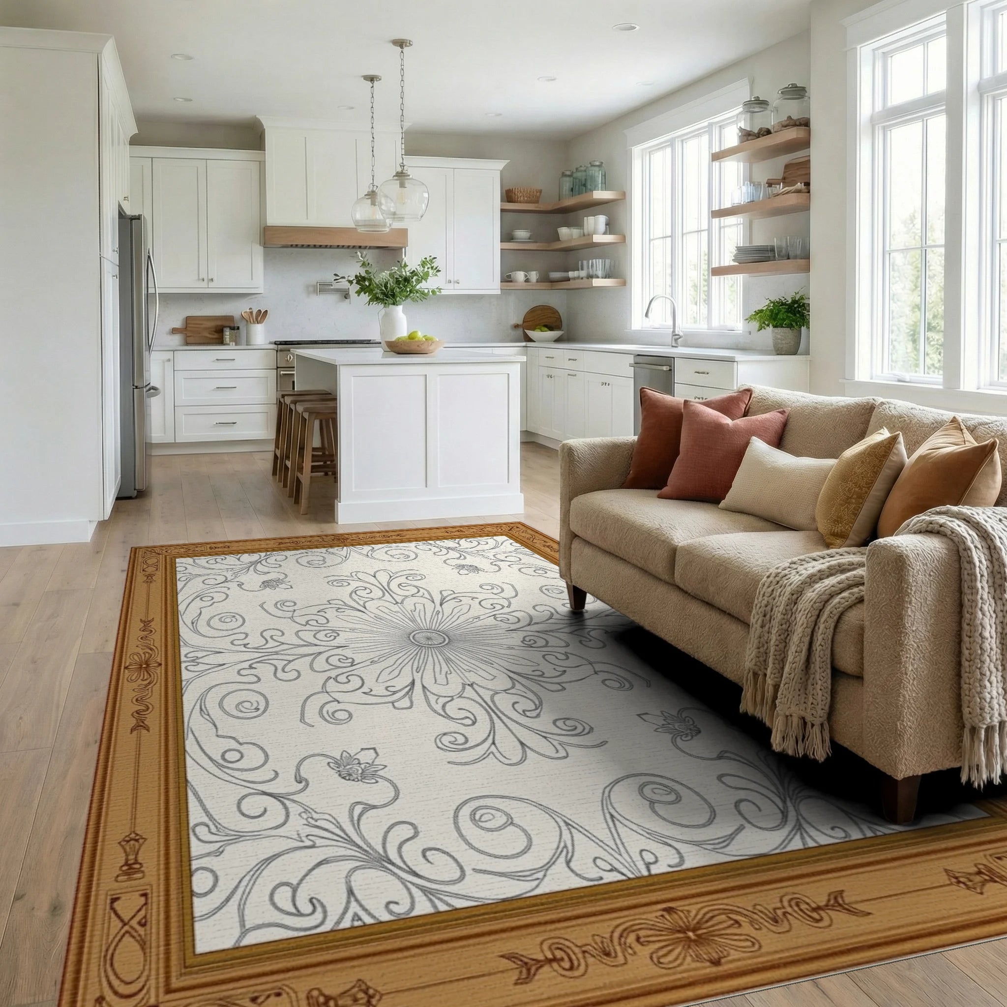 Elegant Floral Scrollwork Medallion Rug - Living Room View