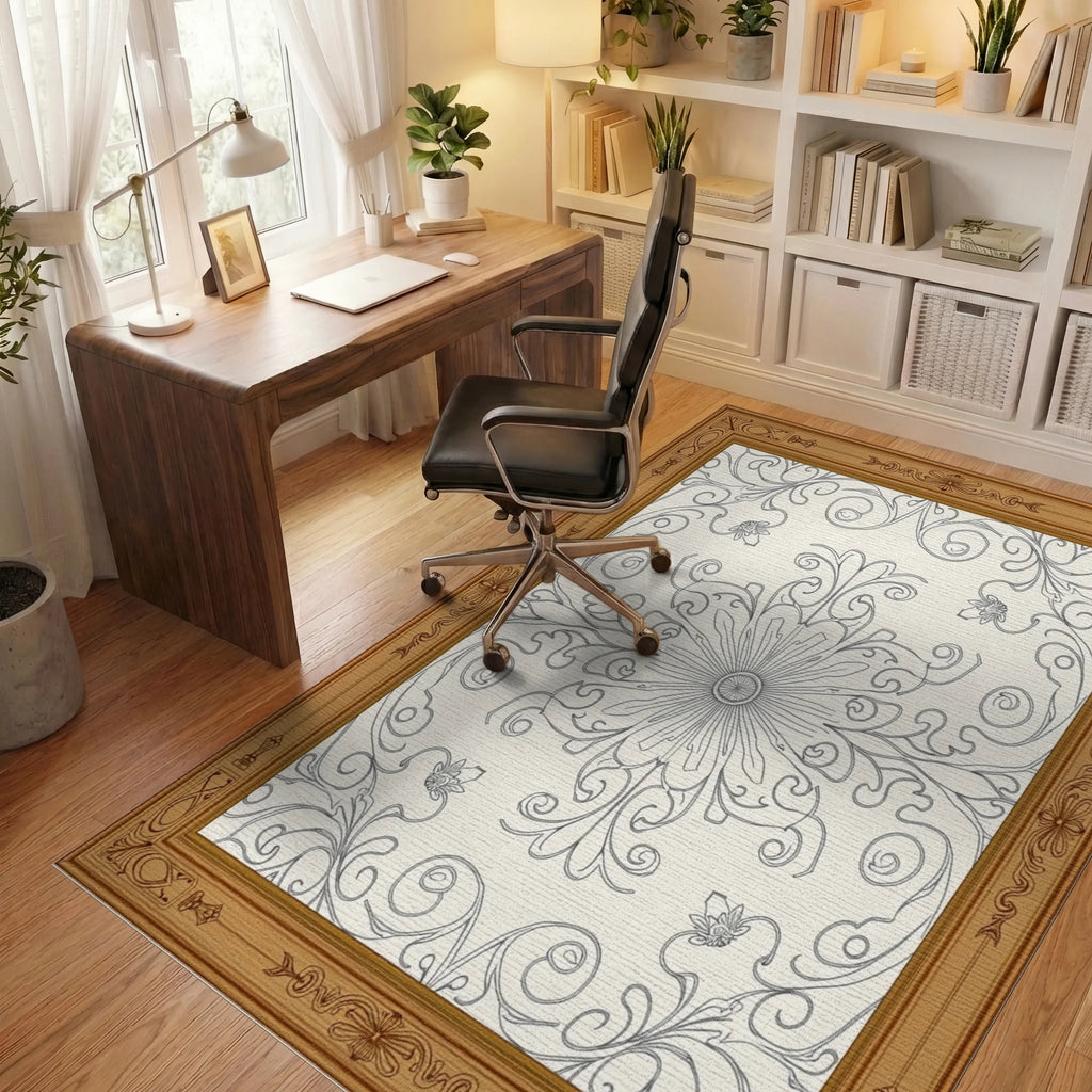 Elegant Floral Scrollwork Medallion Rug - Office View