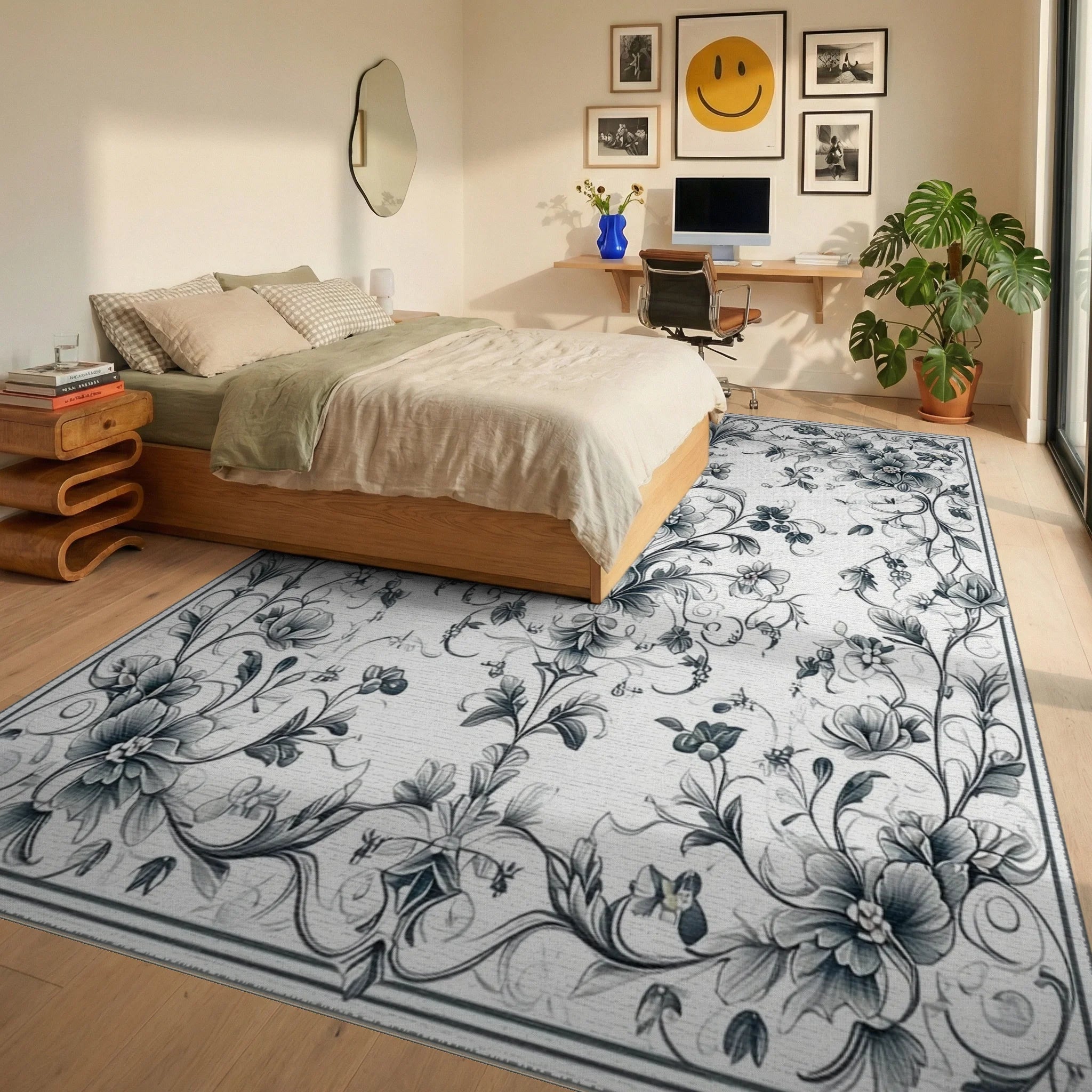 Elegant Floral Scrollwork Pattern Rug - Bedroom View