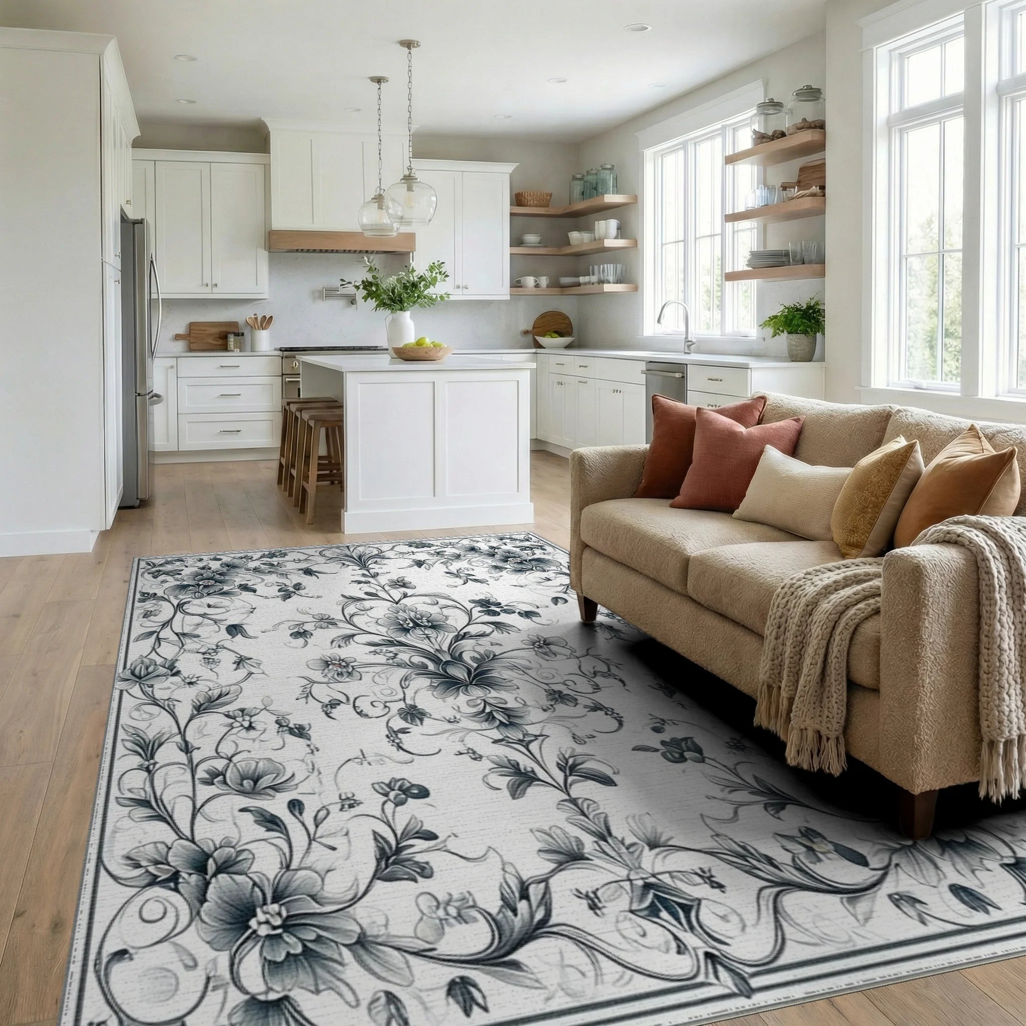 Elegant Floral Scrollwork Pattern Rug - Living Room View
