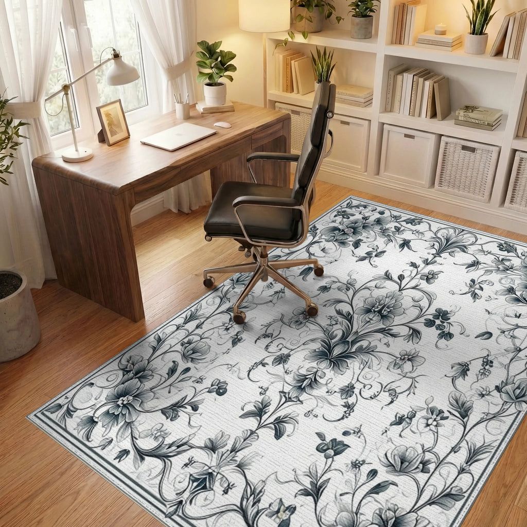 Elegant Floral Scrollwork Pattern Rug - Office View