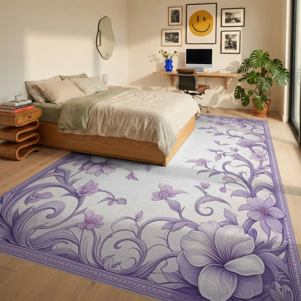 Elegant Floral Swirls and Petals Design Rug - Bedroom View