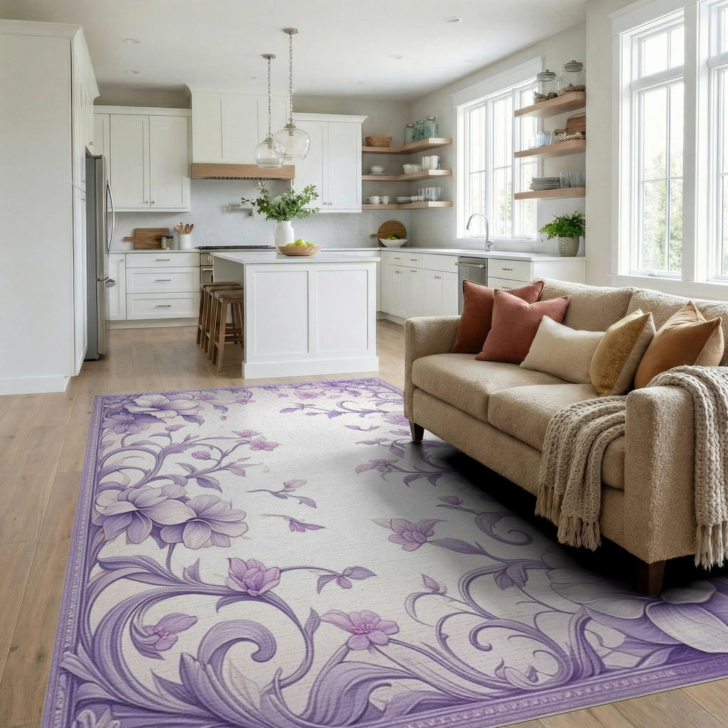 Elegant Floral Swirls and Petals Design Rug - Living Room View