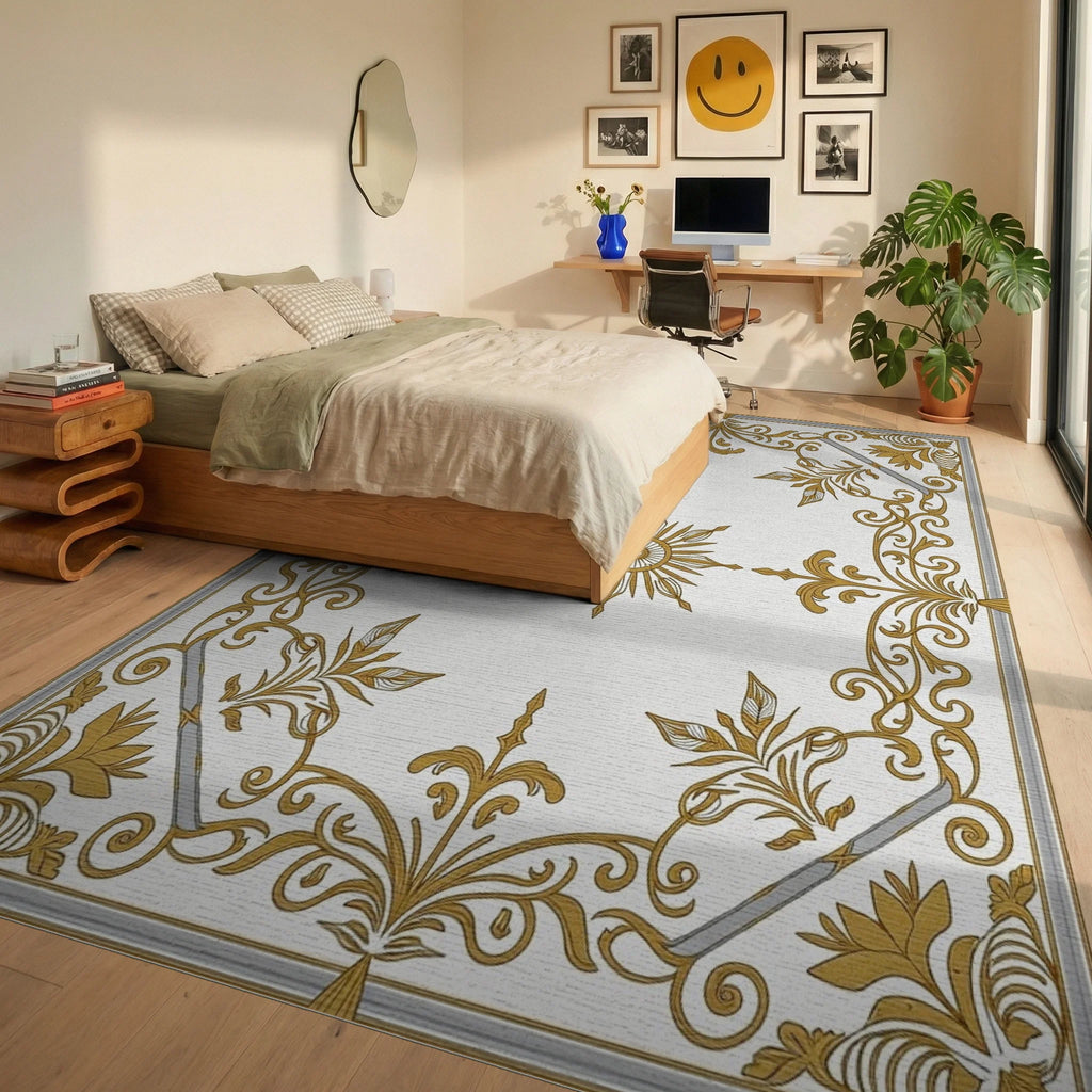 Elegant Gold Sunburst Scrollwork Rug Bedroom View