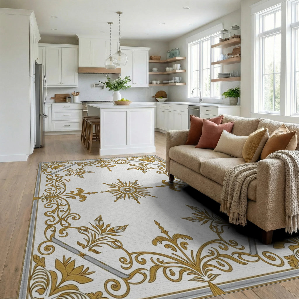 Elegant Gold Sunburst Scrollwork Rug Living Room View