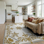 Elegant Gold Sunburst Scrollwork Rug Living Room View