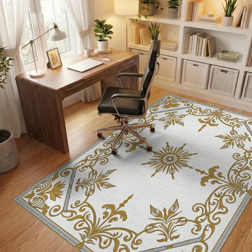 Elegant Gold Sunburst Scrollwork Rug Office View