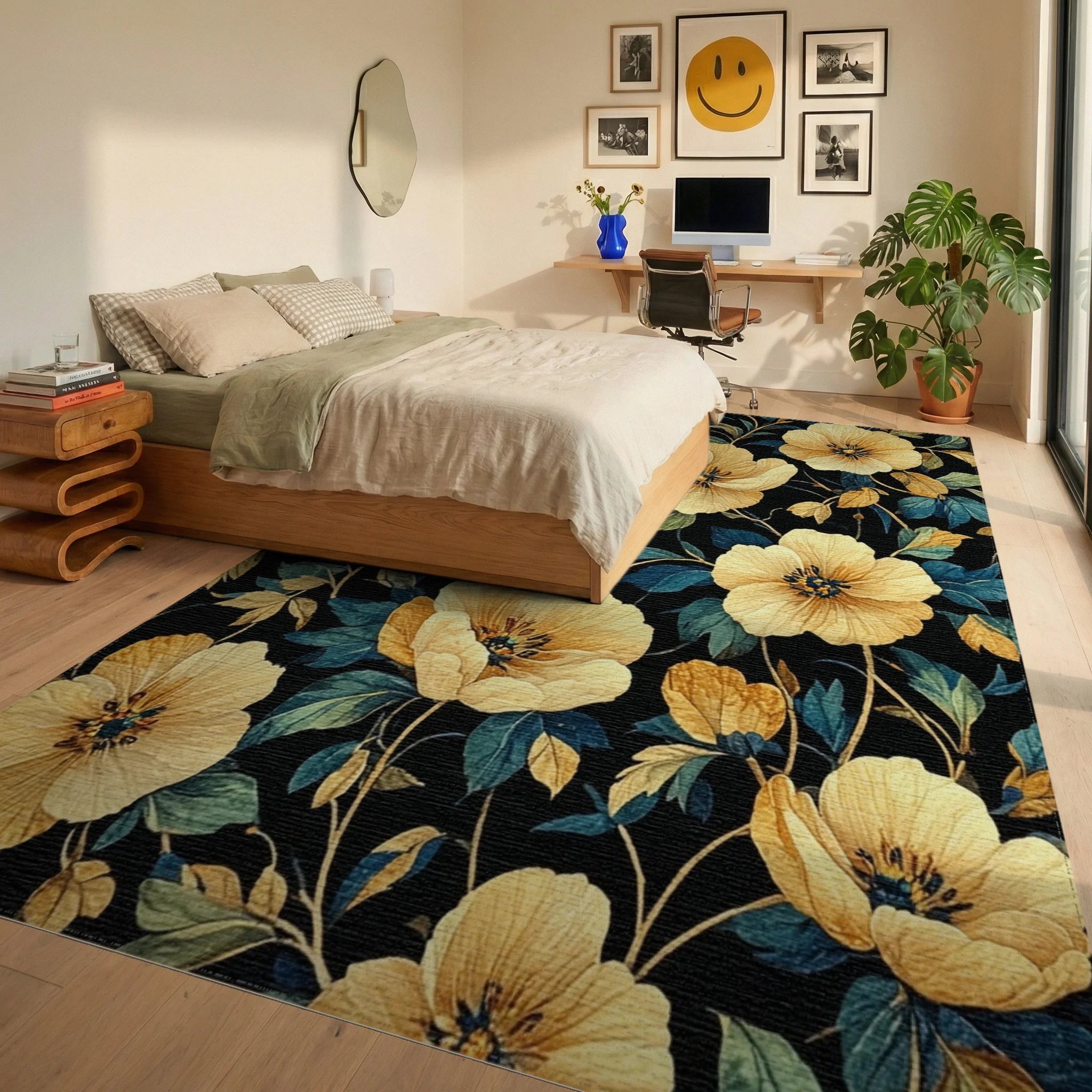 Elegant Golden Poppy Navy Rug Bedroom View
